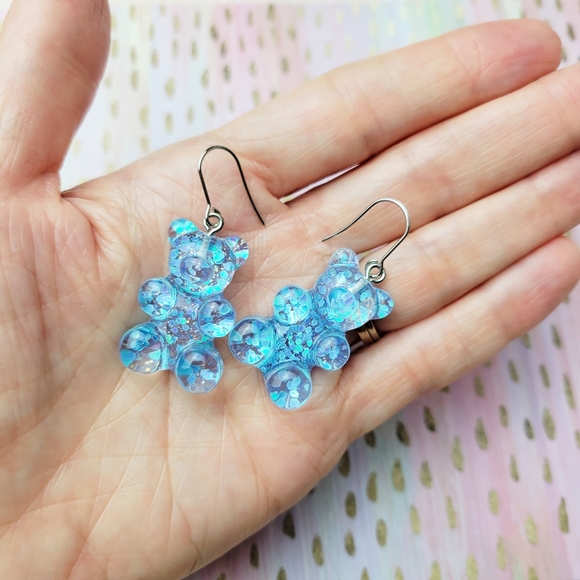 New Blue Confetti Teddy Bear Sparkle Candy Gum Drop Gummy Bear Earrings - Picture 4 of 6